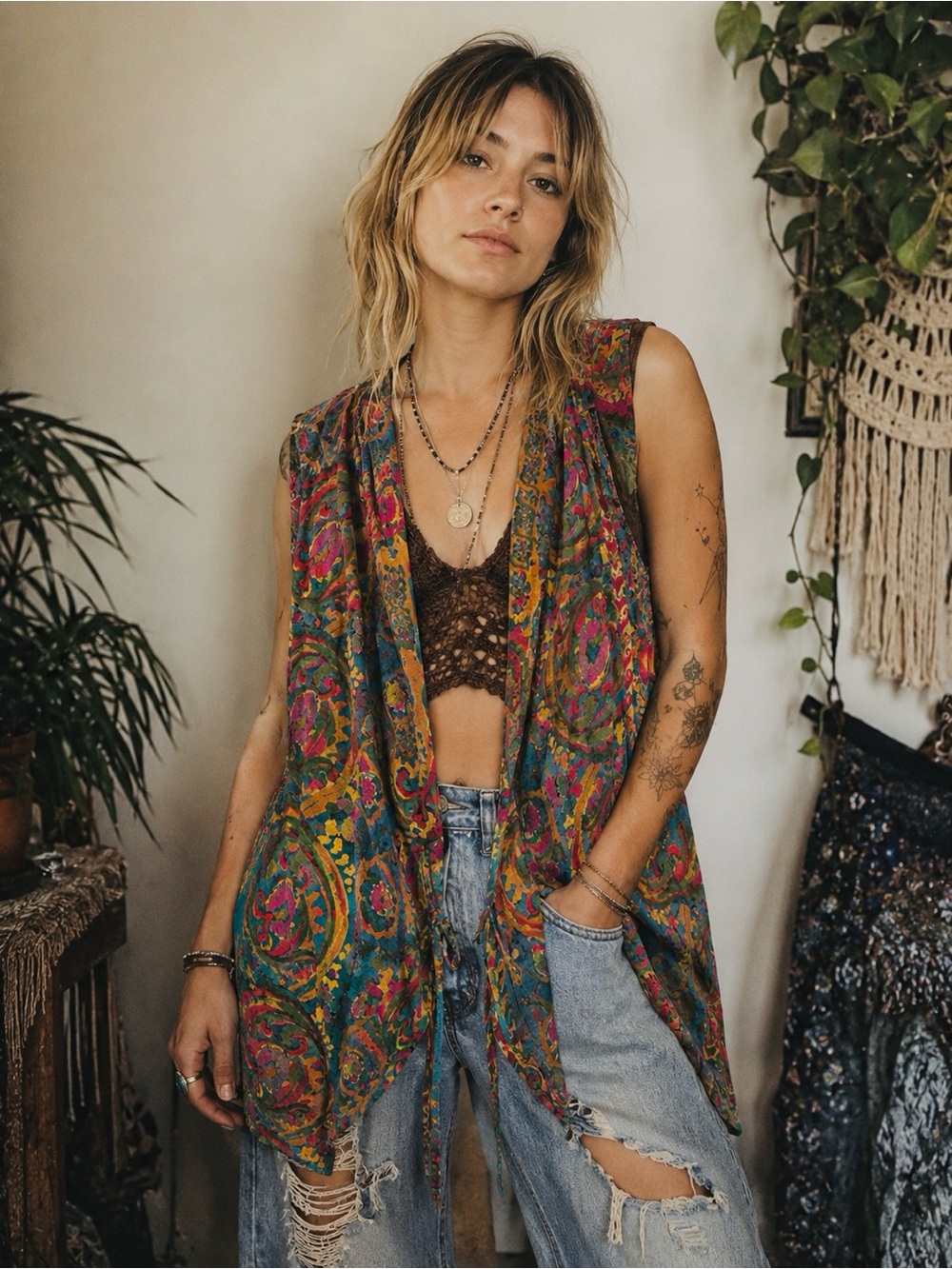 Boho Floral Paisley Sleeveless Cover-Up Vest